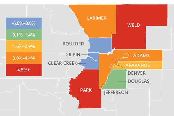 Color Coded Map Indicating Home Price Increase or Decrease in Colorado by County